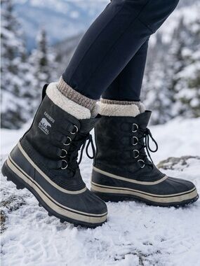 SOREL Caribou Waterproof Winter Snow Boots Size 8.5 Black Leather Faux Fur Lined